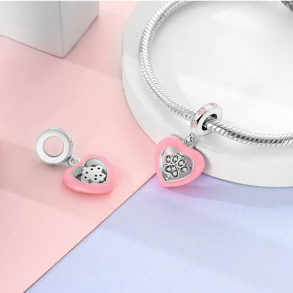 Charm Corazon Rosa y Huella de Cristal