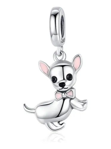 Charm Perrito Plata con Moño Rosa