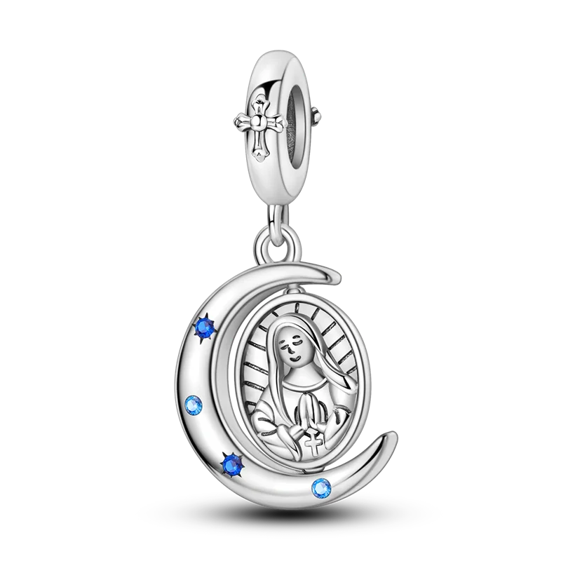 Charm Virgen María y Luna con Destellos Azules