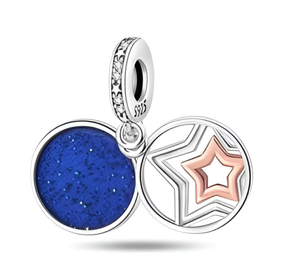 Charm Estrella Plata y Rosa Oro con Fondo Azul