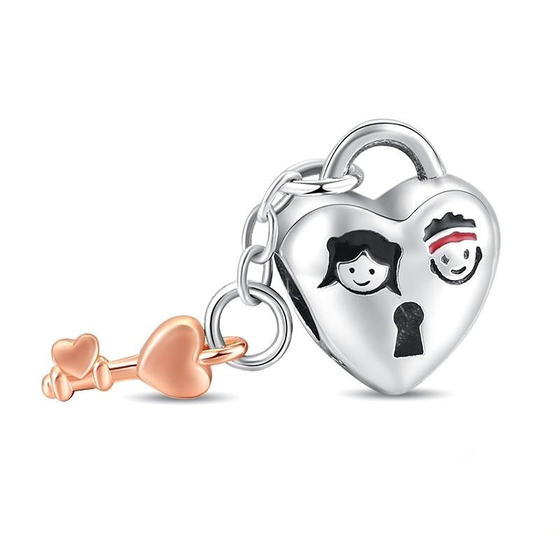Charm Candado de Corazon y Llave Rosa Dorada