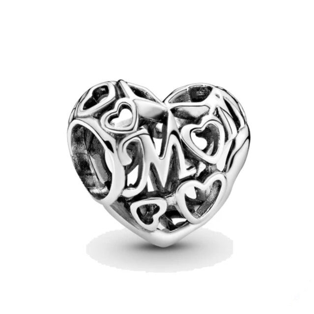 Charm Corazon y Corazones Plateados "Mom"