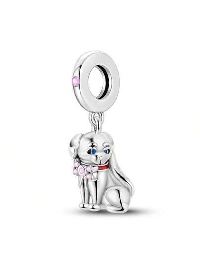 Charm Perrito Plateado con Mo√±o Rosa