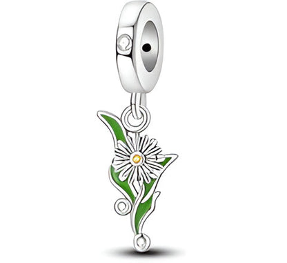 Charm Flor Plata y Hojas Verdes