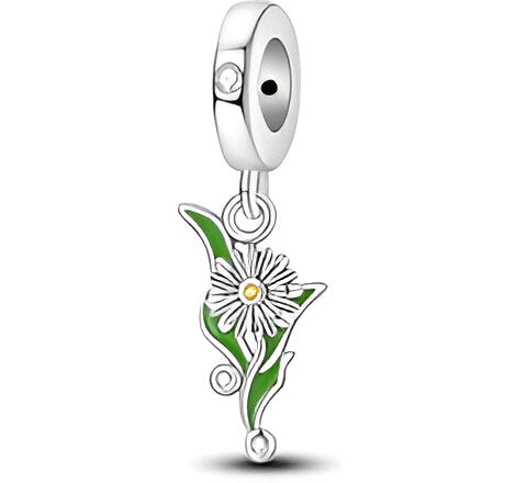 Charm Flor Plata y Hojas Verdes