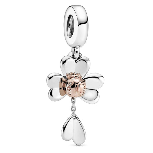 Charm Colgante Trebol Plateado con Mariquita