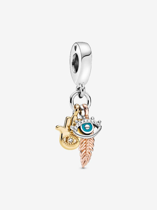 Charm Colgante Ojo Turco, Mano Hamnsa y Pluma