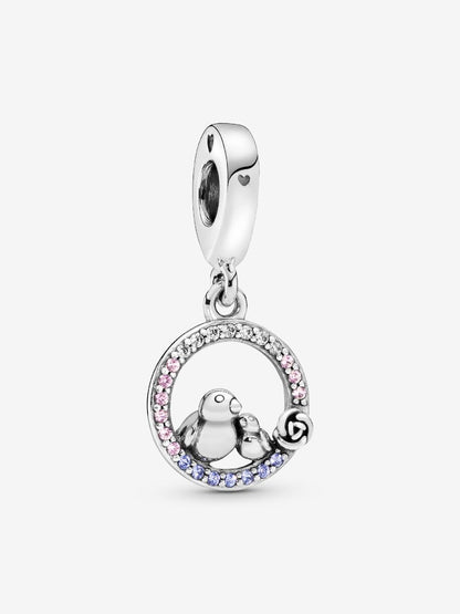 Charm Pajaritos en Halo de Diamantes Rosas y Morados