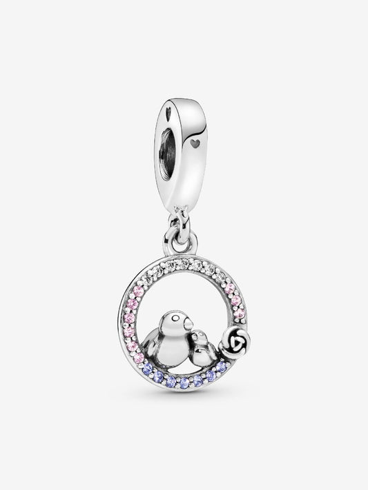 Charm Pajaritos en Halo de Diamantes Rosas y Morados