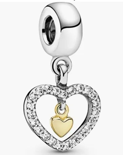 Charm Colgante de Corazon Diamantado y Corazon Dorado
