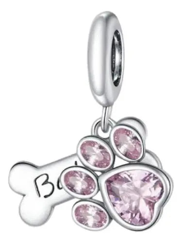Charm Hueso Plata y Huella Rosa