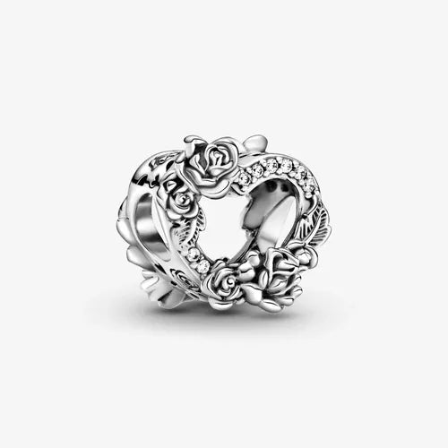 Charm Corazon y Rosas Plateadas
