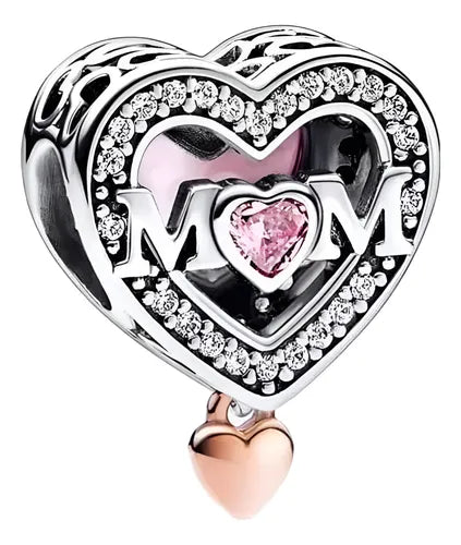Charm Corazon Plateado Brillante "Mom"