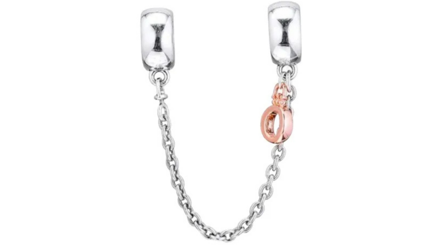 Cadena de Seguridad Plateada con Corona Rosa Oro