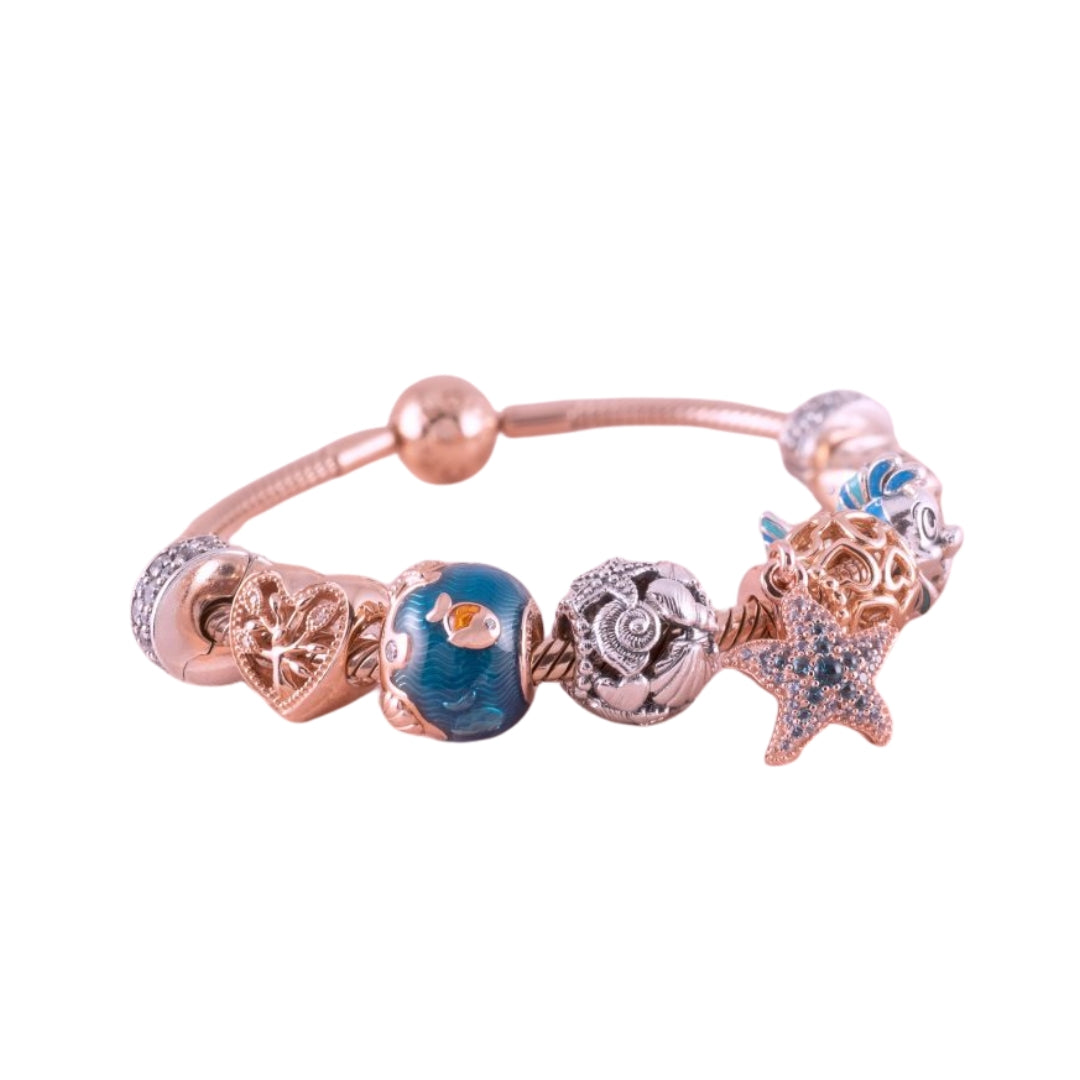 Charm Rose Mar Olas Y Pez Coral Oro