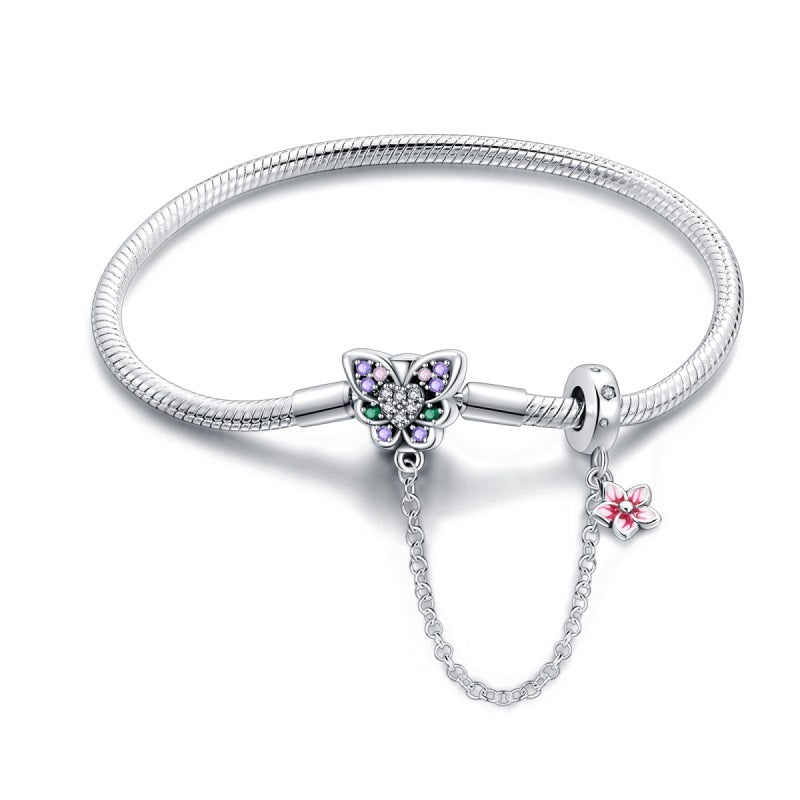 Pulsera Mariposa y Flor Rosa con Cadena de Seguridad