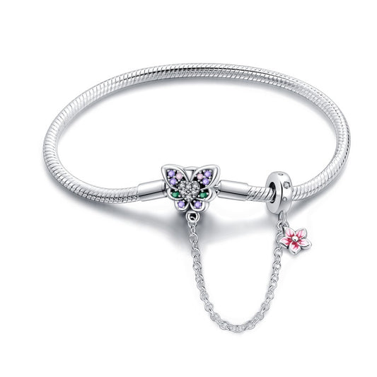 Pulsera Mariposa y Flor Rosa con Cadena de Seguridad