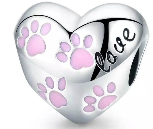 Charm Corazon Plateado y Huellas Rosas