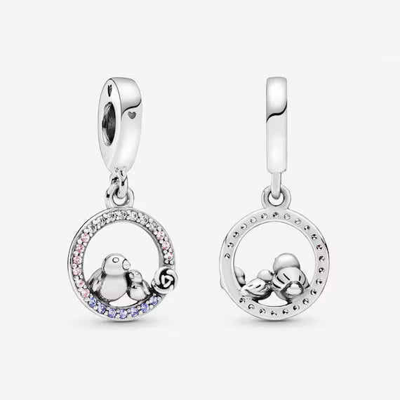 Charm Pajaritos en Halo de Diamantes Rosas y Morados