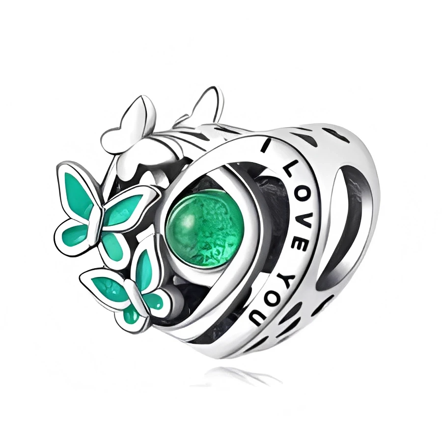 Charm Corazon Plateado y Gema Verde "I Love You"