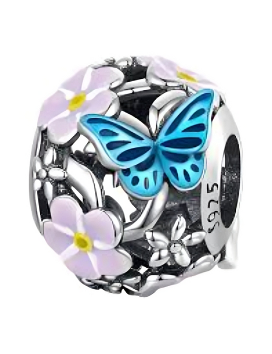 Charm Abalorio Flores Rosas y Mariposa Azul