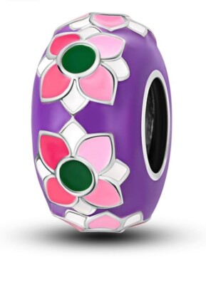 Charm Abalorio Morado con Flores Rosas