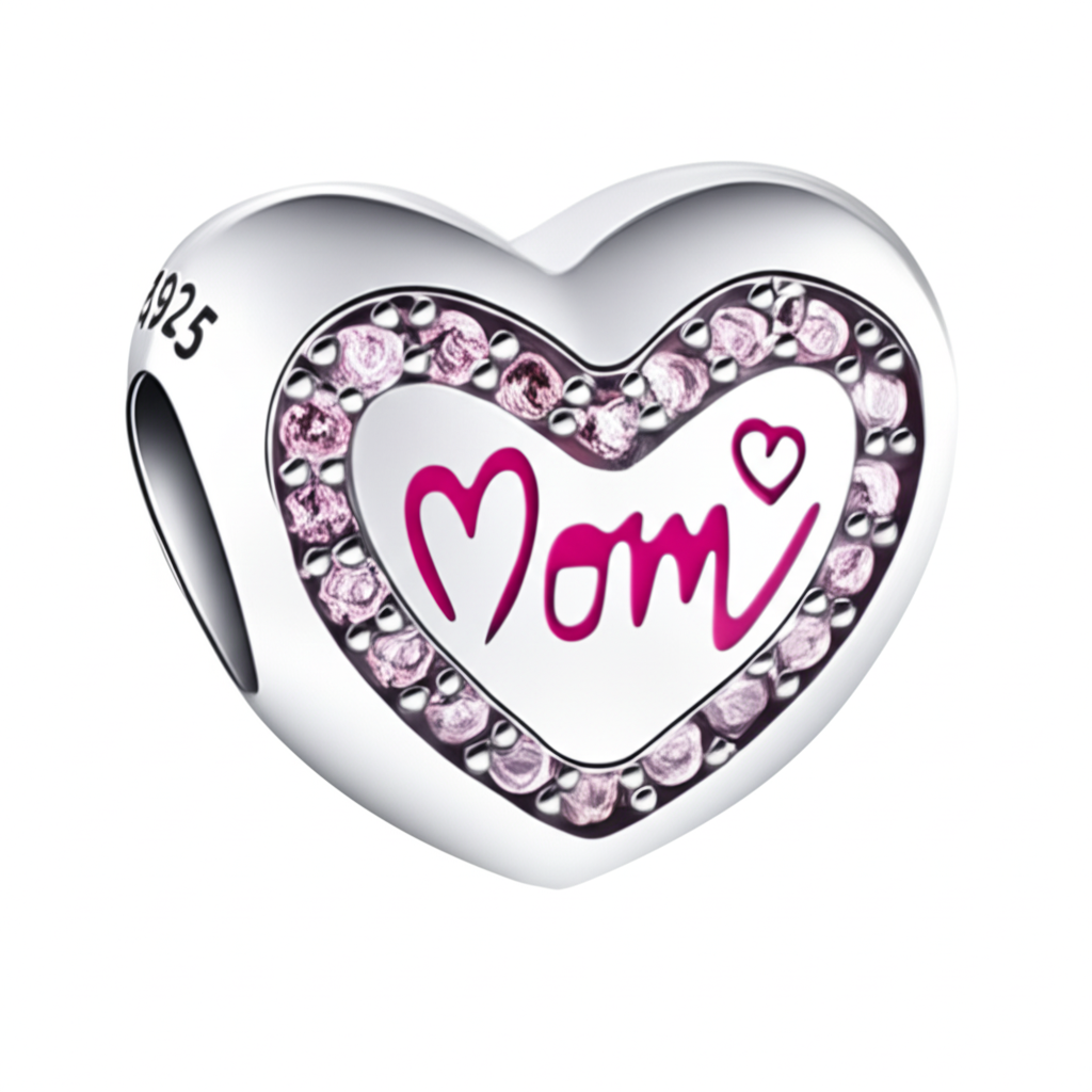 Charm Corazon Plata y Diamantes Rosas "Mom"