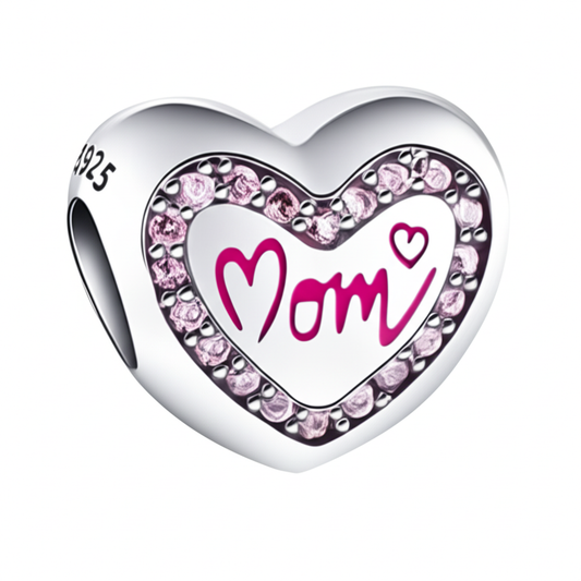 Charm Coraz√≥n Plata y Diamantes Rosas "Mom"